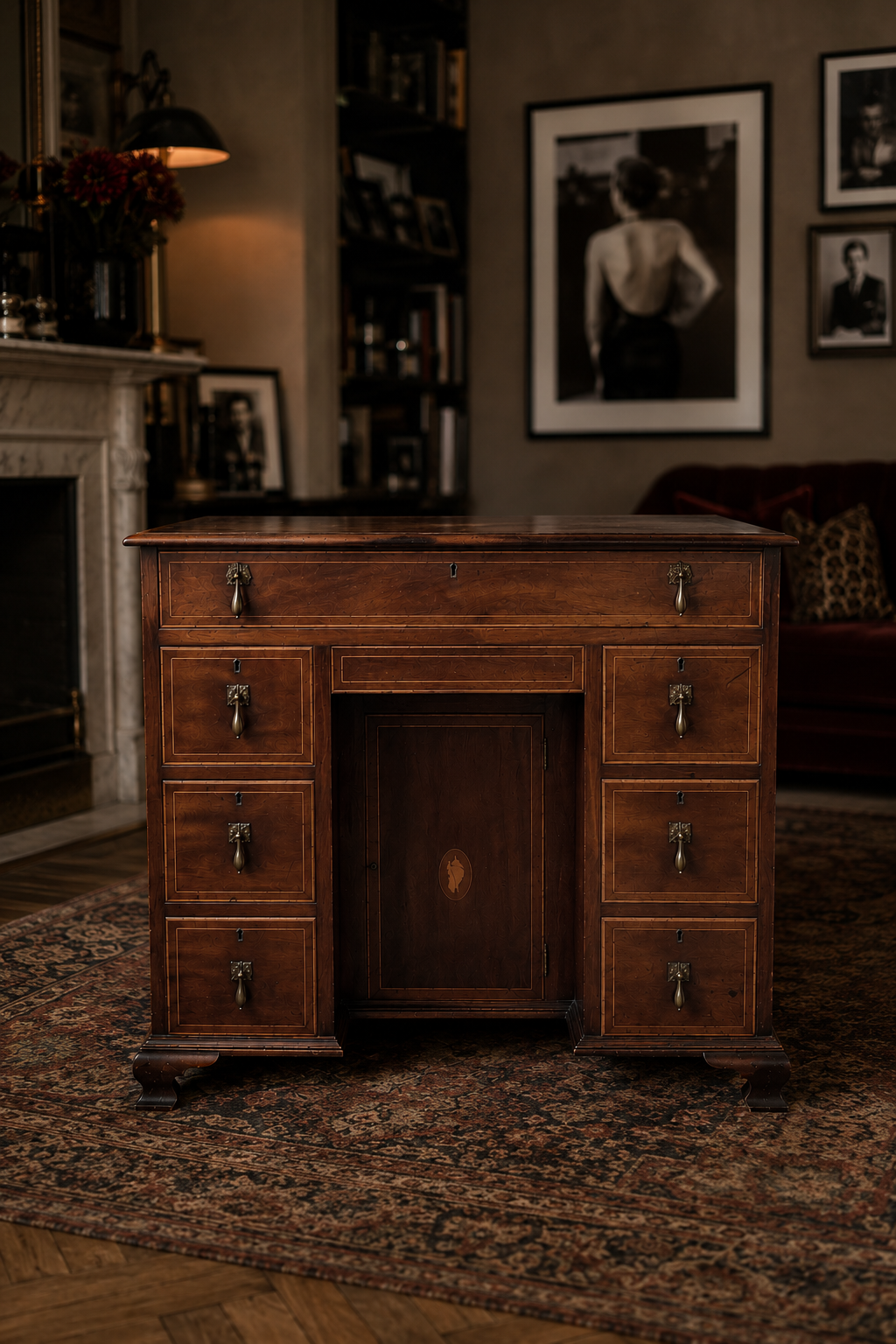 Antique Mahogany and Inlaid Kneehole Desk