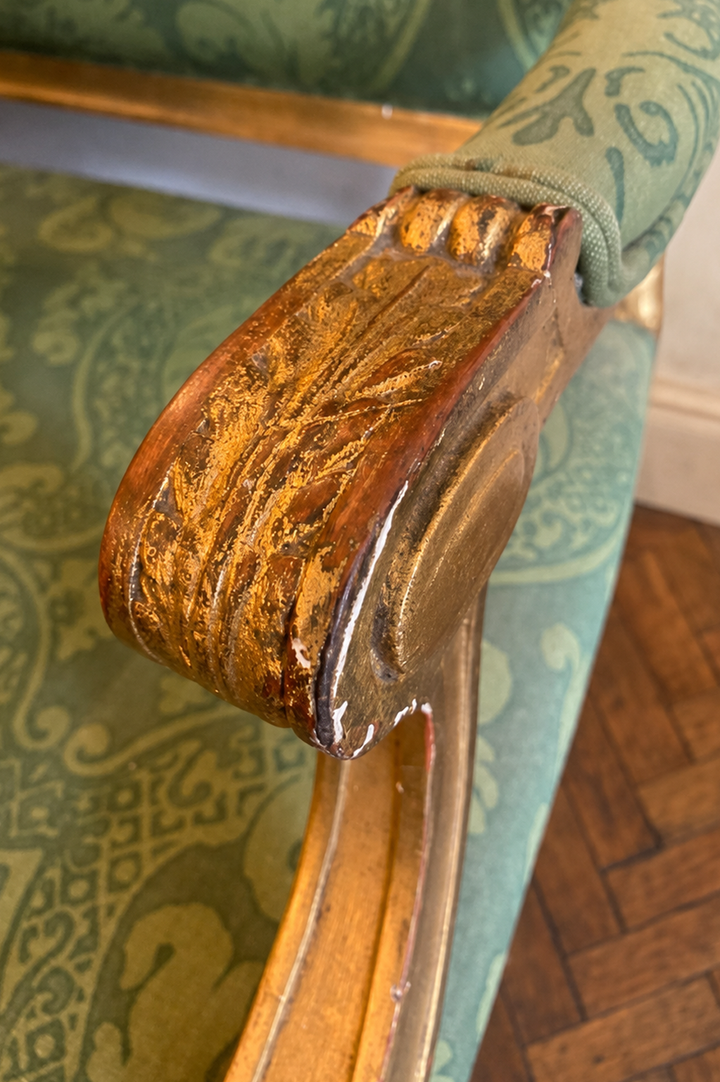 French Style Giltwood Sofa – Green Damask Upholstery