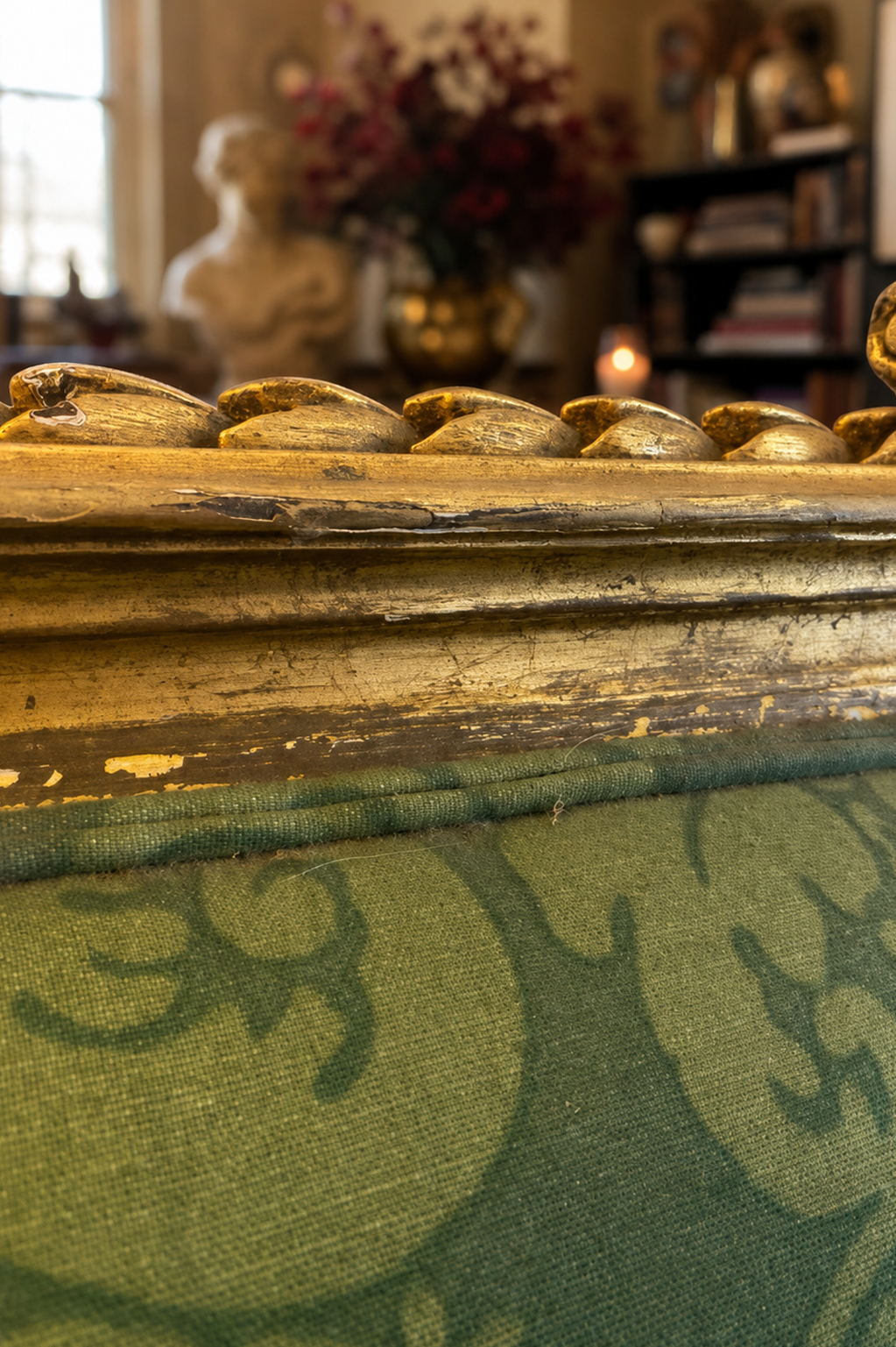 French Style Giltwood Sofa – Green Damask Upholstery