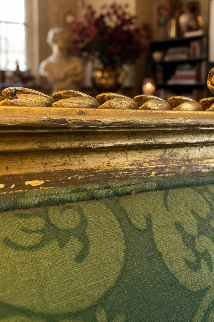 French Style Giltwood Sofa – Green Damask Upholstery