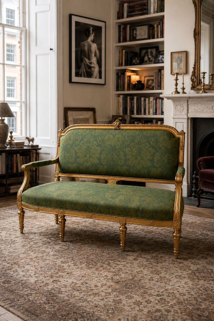French Style Giltwood Sofa – Green Damask Upholstery